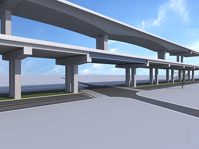View of Road Infrastructure with Elevated Bridge Supporting Pillars Road Lanes and Grassy Surroundings 3d model