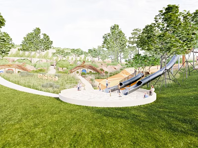 Garden Landscape Featuring Lush Green Grass Tall Trees Playful Slide Children Playing And Winding Paths 3d model