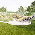 Garden Landscape Featuring Lush Green Grass Tall Trees Playful Slide Children Playing And Winding Paths