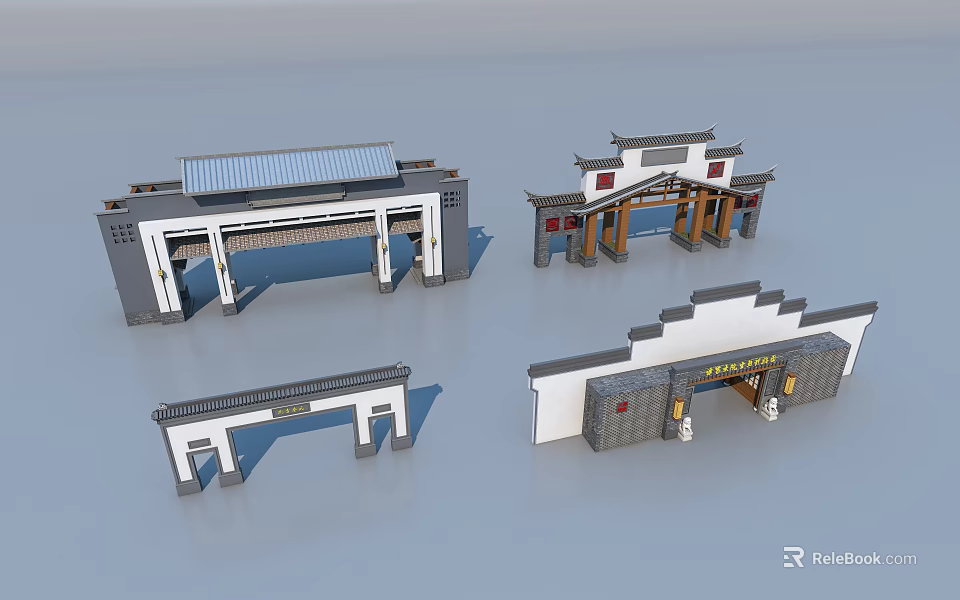 Traditional Chinese Entrance Gates with Carved Details Tile Roofs and Wooden Frames 3d model 