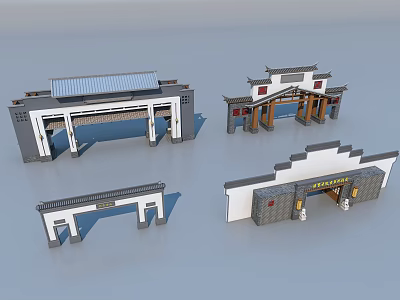 Traditional Chinese Entrance Gates with Carved Details Tile Roofs and Wooden Frames 3d model