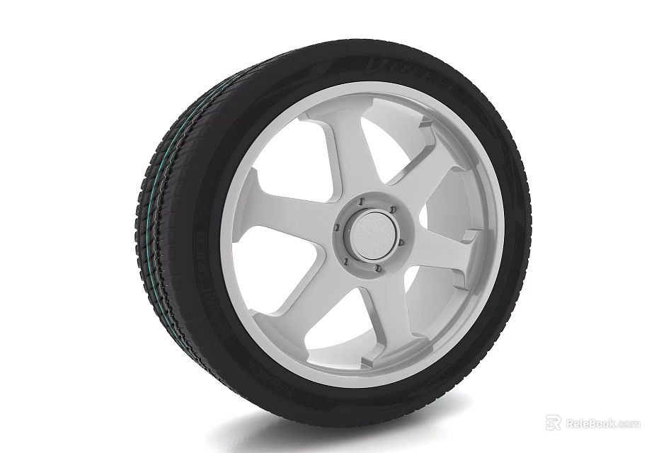 Car Tire with Silver Alloy Wheel Five Spoke Design Black Rubber Tread Pattern 3d model 