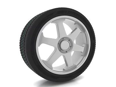 Car Tire with Silver Alloy Wheel Five Spoke Design Black Rubber Tread Pattern 3d model