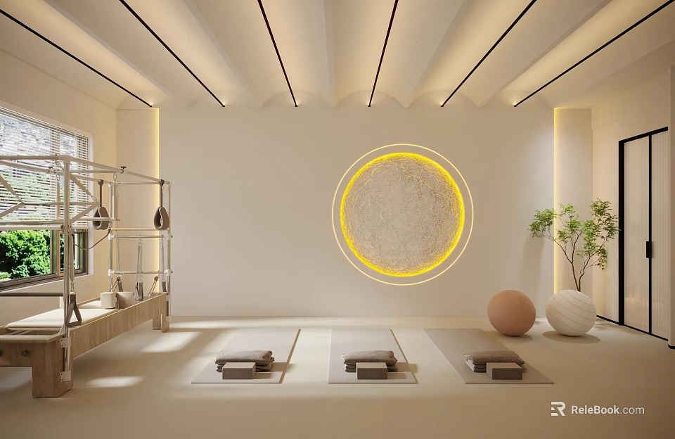 Bright Yoga Studio Interior With Mats And Equipment 3d model 