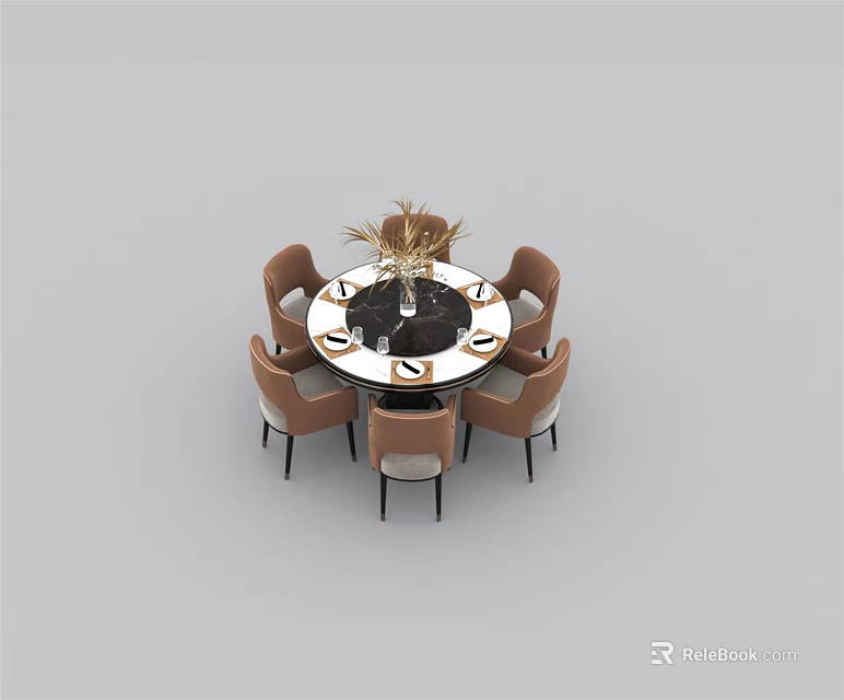 Elegant Round Dining Table Set With Six Brown Chairs And Black Marble Top 3d model