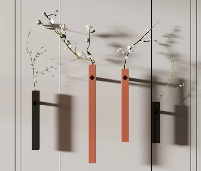 Modern Wall Decor With Black Orange Hanging Rods And White Flower Branches 3d model