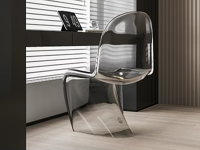 Modern Transparent Acrylic Chair In Interior With Window Blinds And Wooden Floor 3d model