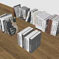 Different Colored Books Stacked On Wooden Floor With Various Sizes In Display Arrangement