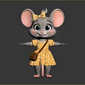 Cute Cartoon Mouse Character With Big Ears Yellow Bow Brown Bag And Polka Dot Dress