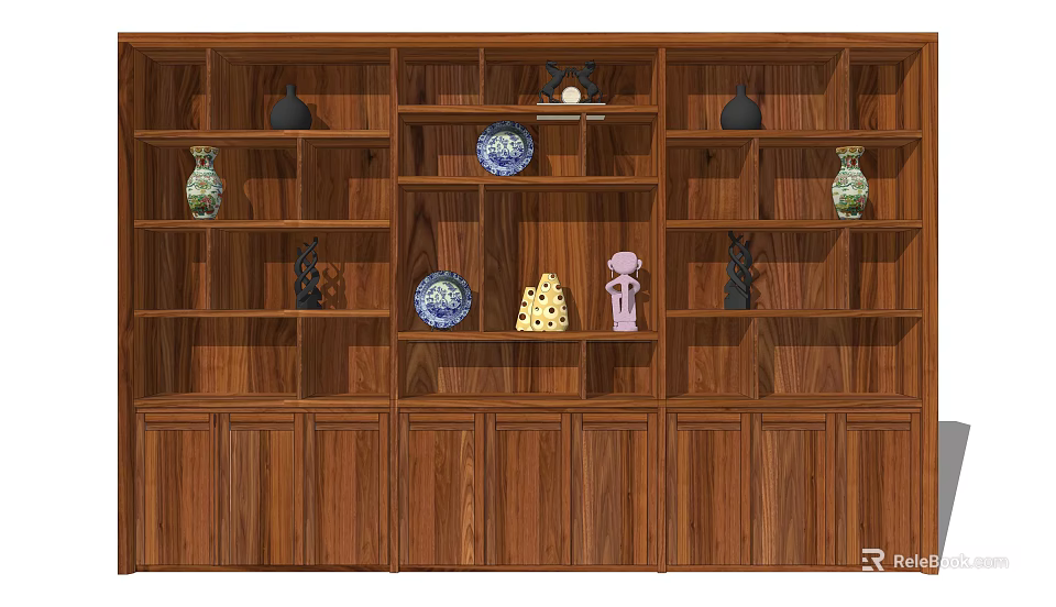 Traditional Wooden Display Shelf With Decorative Items Multiple Layers And Storage Cabinets 3d model 