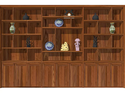 Traditional Wooden Display Shelf With Decorative Items Multiple Layers And Storage Cabinets 3d model