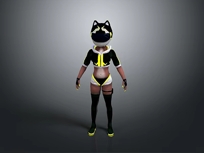 Anime Style 3D Character Model With Cat Ear Hat And Black Yellow Outfit 3d model