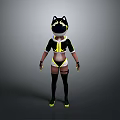 Anime Style 3D Character Model With Cat Ear Hat And Black Yellow Outfit