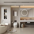 Modern Bathroom Interior With Freestanding Bathtub Round Mirror Vanity And Toilet