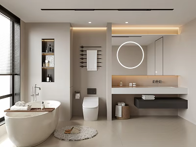 Modern Bathroom Interior With Freestanding Bathtub Round Mirror Vanity And Toilet 3d model