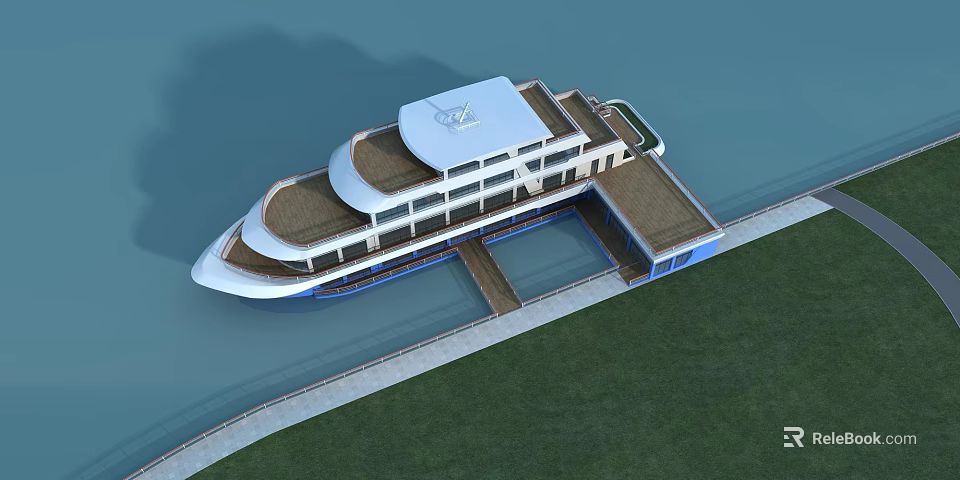 Boat Shaped Hotel Building With White Exterior Deck And Waterfront Landing Access 3d model 