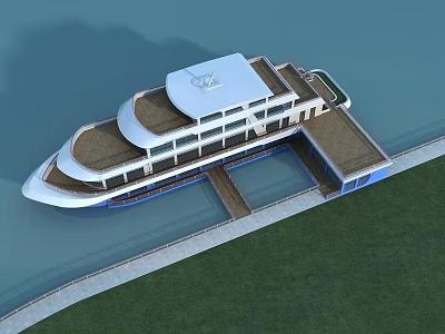 Boat Shaped Hotel Building With White Exterior Deck And Waterfront Landing Access 3d model