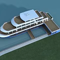 Boat Shaped Hotel Building With White Exterior Deck And Waterfront Landing Access