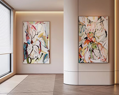 Vibrant Abstract Paintings With Colorful Hues Hanging In Modern Interior Space 3d model