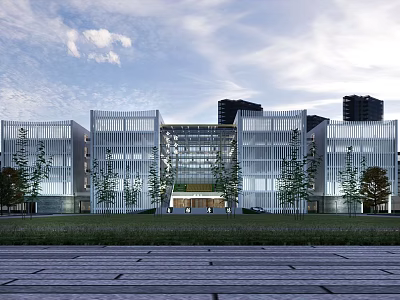 Modern Multi Story School Building with Glass Facade Surrounded by Trees and Lawn 3d model