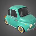 Teal Vintage Small Car with Round Headlights Black Windows and Yellow Rims