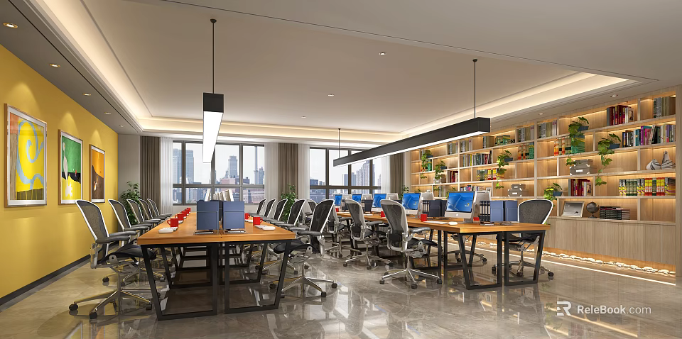Bright Public Office Space With Desks Computers Office Chairs Bookshelves Green Plants And Large Windows 3d model 