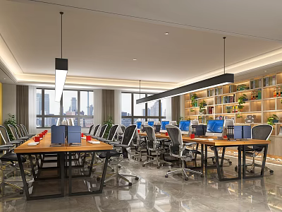 Bright Public Office Space With Desks Computers Office Chairs Bookshelves Green Plants And Large Windows 3d model