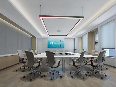 Modern Conference Room Interior With Long Table Gray Chairs Rectangular Pendant Light And Large Windows 3d model