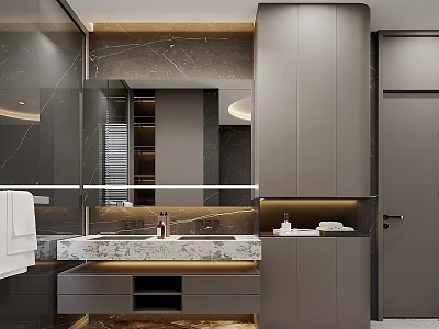 Elegant Modern Bathroom Interior With Marble Vanity Countertop And Grey Storage Cabinets 3d model