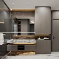 Elegant Modern Bathroom Interior With Marble Vanity Countertop And Grey Storage Cabinets