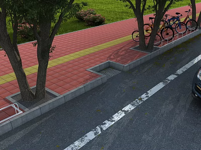 Road Facilities Featuring Red Brick Pavement Trees Parked Bicycles And Adjacent Road With White Markings 3d model