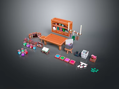 Colorful Building Blocks Set With Wooden Bookshelf Table And Miniature Accessories 3d model
