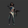 Fantasy 3D Female Character With Blue And White Outfit Twin Ponytails And Decorative Weapon