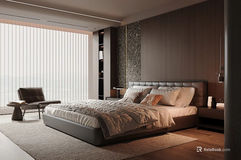 Modern Bedroom Interior With Leather Headboard Wooden Wall Vertical Blinds And Accent Chair 3d model 