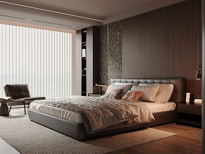 Modern Bedroom Interior With Leather Headboard Wooden Wall Vertical Blinds And Accent Chair 3d model
