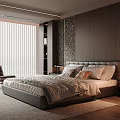 Modern Bedroom Interior With Leather Headboard Wooden Wall Vertical Blinds And Accent Chair