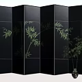 Black Folding Room Divider With Bamboo Pattern And Potted Plant 3d model