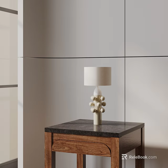 Modern Elegant Table Lamp With Spherical Decorative Base On Dark Wooden Bedside Table 3d model 