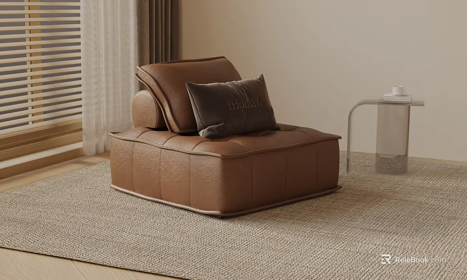 Modern Brown Leather Leisure Chair With Cushion And Side Table In Cozy Living Room 3d model 