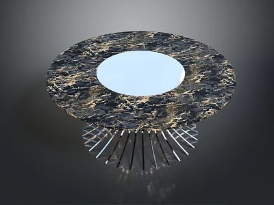 Round Dining Table Set with Marble Tabletop and Circular White Center on Radiating Metal Legs 3d model