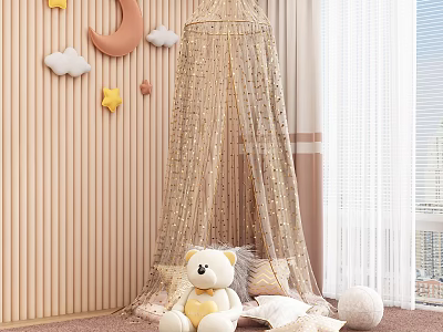 Ceiling Canopy with Star Moon Cloud Decorations and Teddy Bear in Kids Room 3d model