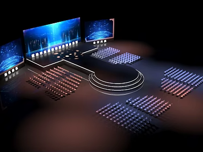 Futuristic Control Room Setup With Multiple Screens And Data Display Panels 3d model