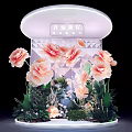 Modern Floral Installation with Large Pink Flowers Green Leaves Curved Illuminated Top and Geometric Background