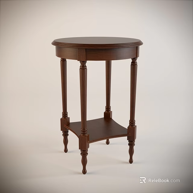 Dark Wood Round Side Table With Four Elegant Legs And Lower Shelf 3d model