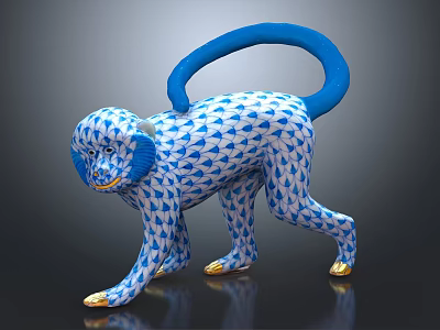 Monkey Decorative Sculpture With Blue And White Pattern Blue Tail And Golden Feet 3d model