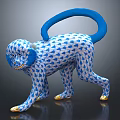 Monkey Decorative Sculpture With Blue And White Pattern Blue Tail And Golden Feet