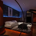 Hotel Guest Room Featuring Orange Walls Blue Curtains And City Night View Through Windows