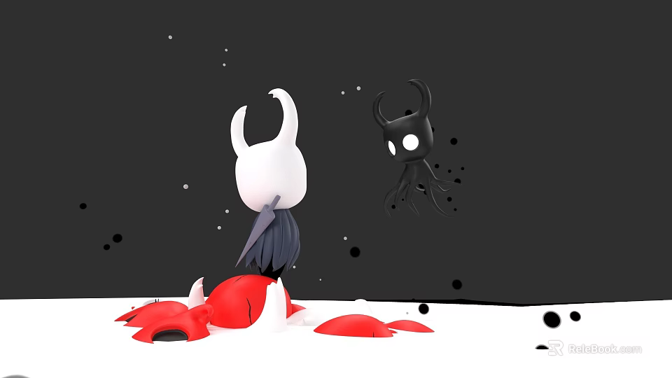 White Horned Game Character With Red Elements And Black Tentacled Character On Dark Background 3d model 