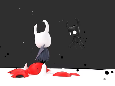 White Horned Game Character With Red Elements And Black Tentacled Character On Dark Background 3d model