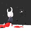 White Horned Game Character With Red Elements And Black Tentacled Character On Dark Background